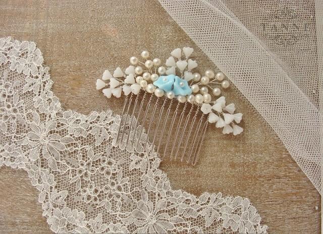 Pearl Bridal Comb, Blue & Ivory Flower Bridal Hair Comb, Wedding Pearl ...