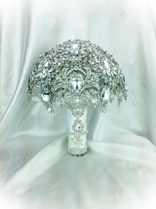 The Silver White Glam Gatsby Diamond Crystal Bling Brooch Bouquet
