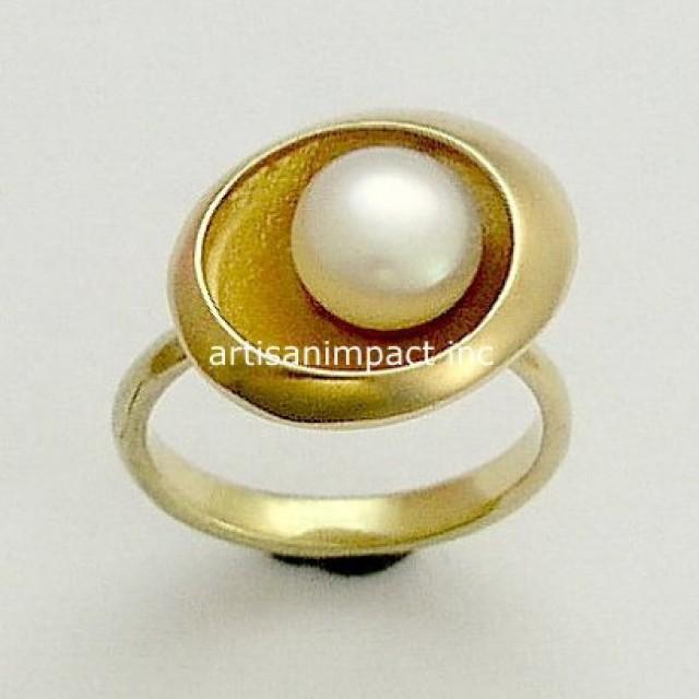 14K Yellow Gold Ring, Engagement Ring, Single Pearl Ring, Fresh Water