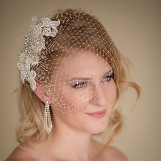 Champagne Birdcage Veil With Lace And Rhinestone Fascinator Made To
