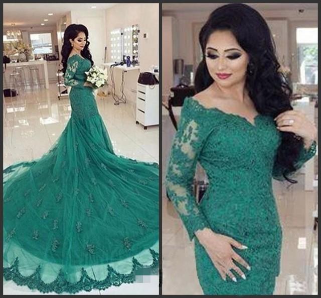 Designer Arabic Turquoise Green Mermaid Evening Dresses Long Sleeves 2016 Cheap Sexy Lace 8809