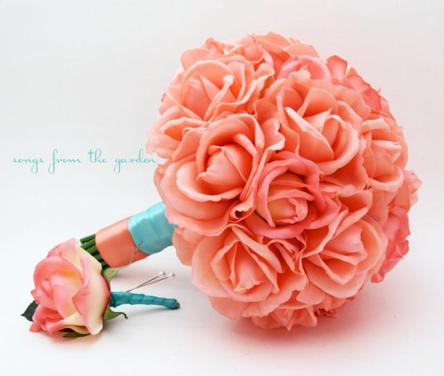 Coral Real Touch Roses Aqua Ribbon Wedding Bouquet Real Touch Silk Flower Wedding Choose Your 3446