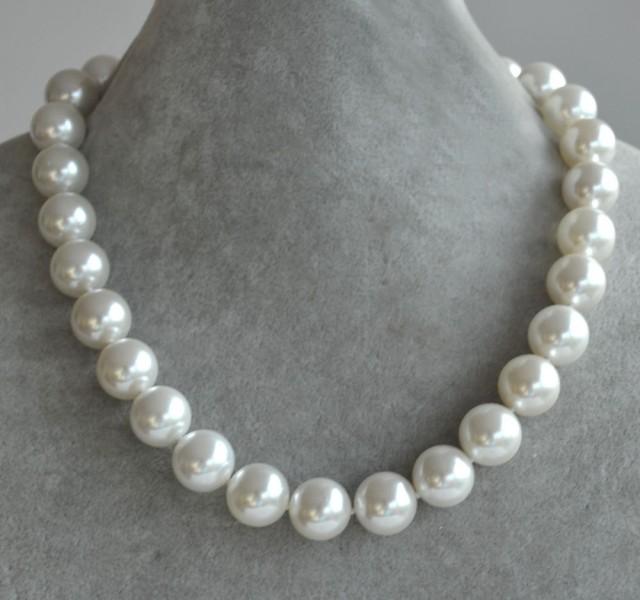 Huge Pearl Necklace,14mm Glass Pearl Necklace,single Strand Big Pearl Necklace,Wedding Necklace