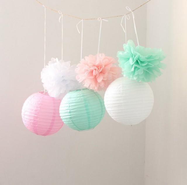 Set Of 9 Mixed Mint Green Pink White Tissue Paper Pom Poms And