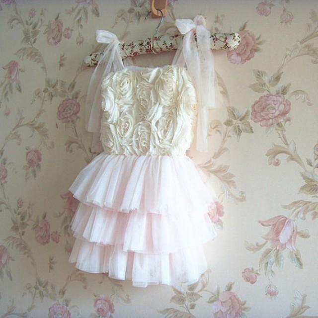 Vintage Inspired White Pink Flower Girl Chiffon Rosette Tutu Dress