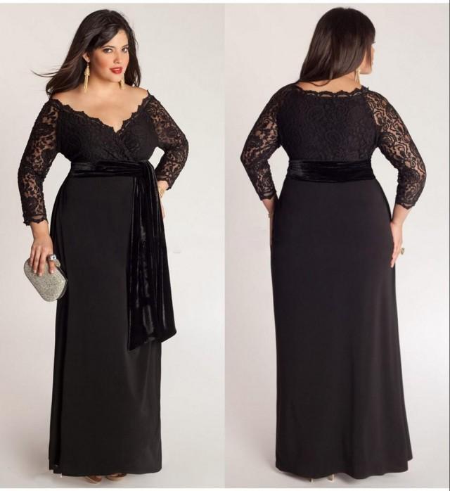 Black Plus Size Lace Long Sleeve Sheath Chiffon Evening Dresses V
