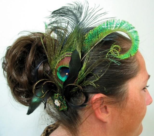 Bridal Fascinator, Green, Gold With Black Ostrich, Peacock Bridal Hair