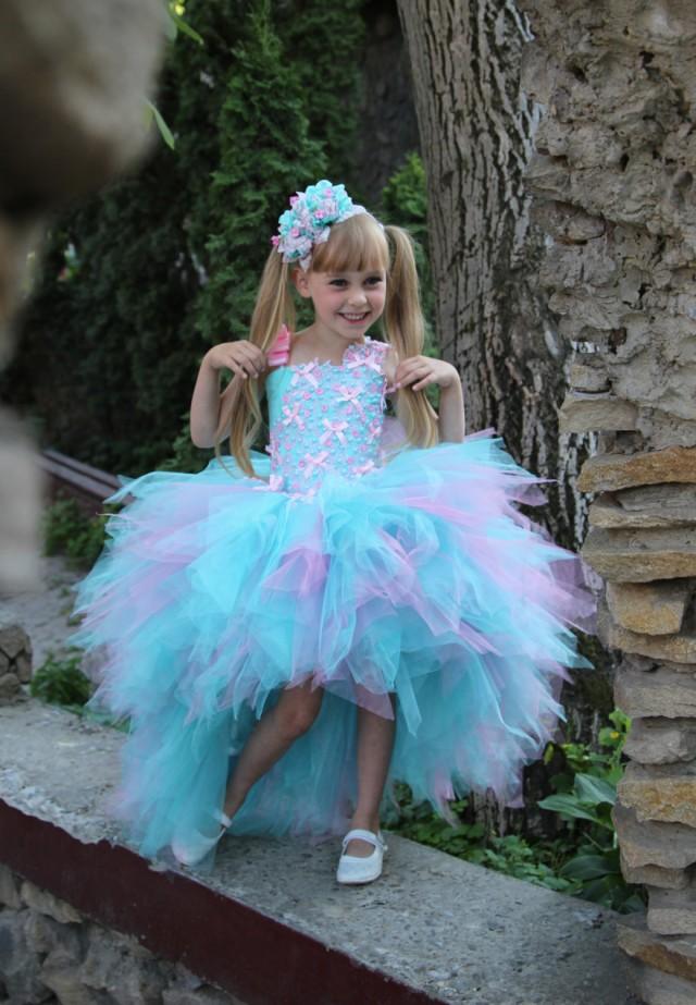 Pink Blue Flower Girl Dress - Birthday Holiday Pink Aqua Blue Lilac