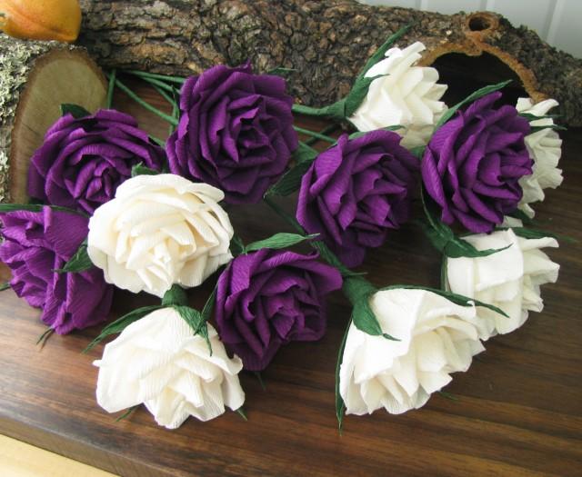 Paper Flower Ivory&Purple Roses, Bridal Bouquet, Crepe Rosedozen, Wedding Bouquet, Crepe