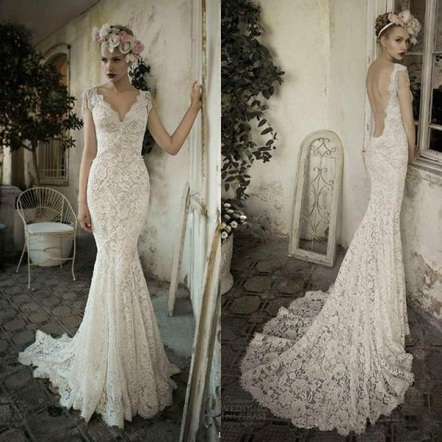 100 Real Picture Mermaid Lace Wedding Dresses Backless V Neck Cap 100 Real Picture Mermaid Lace Wedding Dresses Backless V Neck Cap Sleeves Open Back 2016 Spring Trumpet Bridal Dress Berta Online With
