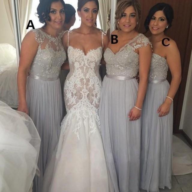 Silver Chiffon Long Bridesmaid Dresses Cheap ALine Beaded Lace Applique Mixed Styles Maid Of Silver Chiffon Long Bridesmaid Dresses Cheap ALine Beaded Lace Applique Mixed Styles Maid Of