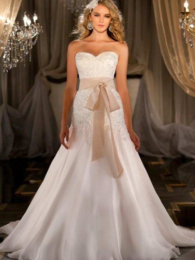 Aline Beaded Lace Bodice Wedding Dress With Flowing Chapel Train
