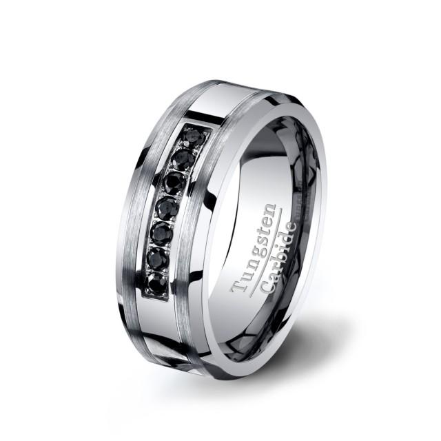 Mens Wedding Band 8mm Tungsten Ring With Black CZ Diamonds Tungsten