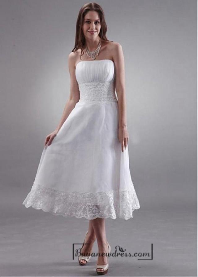 Beautiful Organza Lace A Line Strapless Empire Waist Tea Length