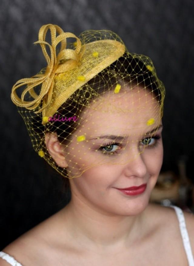 Yellow FASCINATOR With Veill, Dots Birdcage Veil, Fabulous Wedding Head