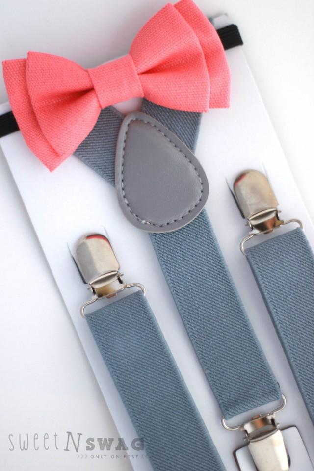 SUSPENDER & BOWTIE SET. Light Grey Suspenders. Coral Bow Tie. Newborn