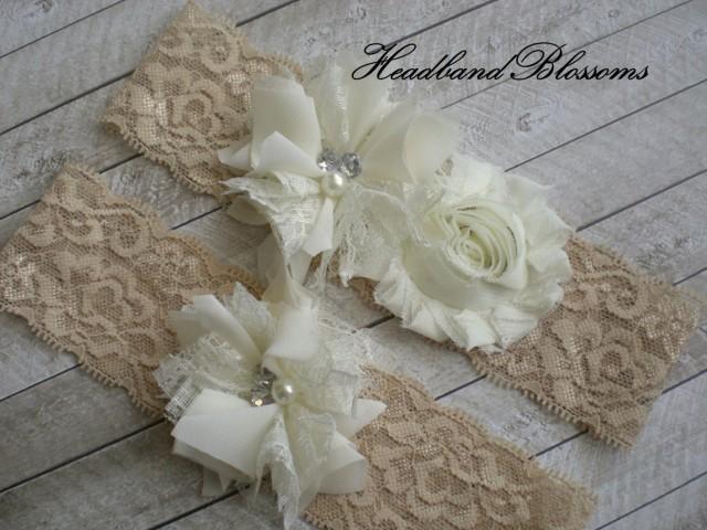BEIGE IVORY Bridal Garter Set - Ivory Keepsake & Toss Lace Wedding Garters - Chiffon Flower