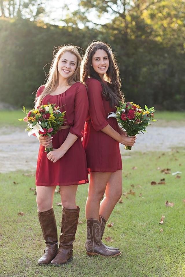 Maroon Bridesmaid Dress , Bridesmaid Dress With Sleeves , Chiffon