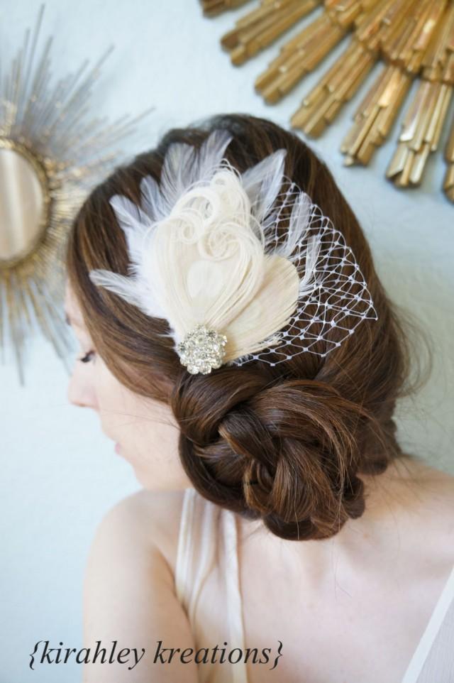 Arri Champagne Ivory White Peacock Feather Fascinator Wedding