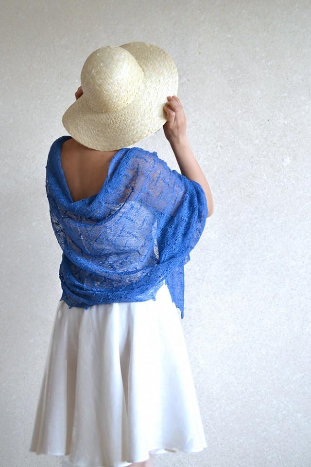 Blue Scarf Linen Shawl Sheer Wrap Bridesmaids Stole Linen Gauze Knitted