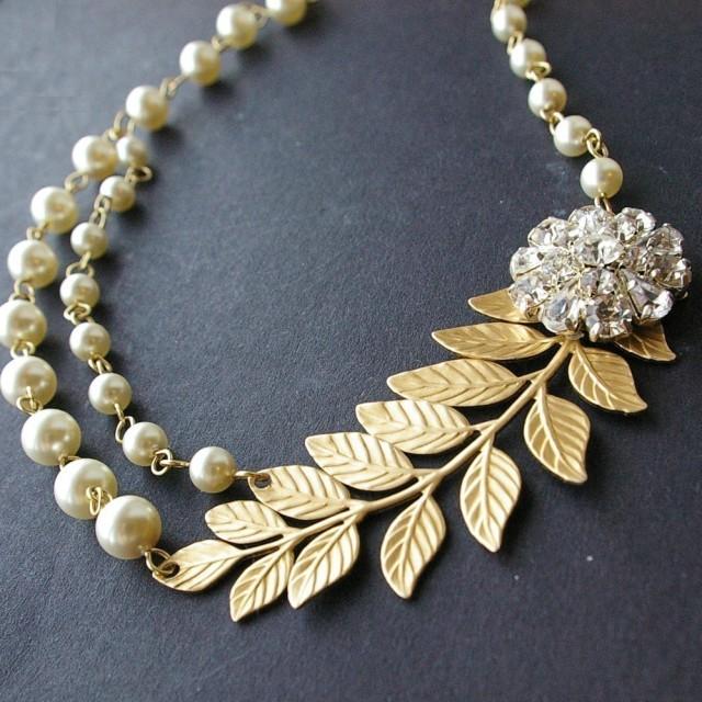 Gold Bridal Necklace, Gold Leaves Wedding Necklace, Vintage Bridal