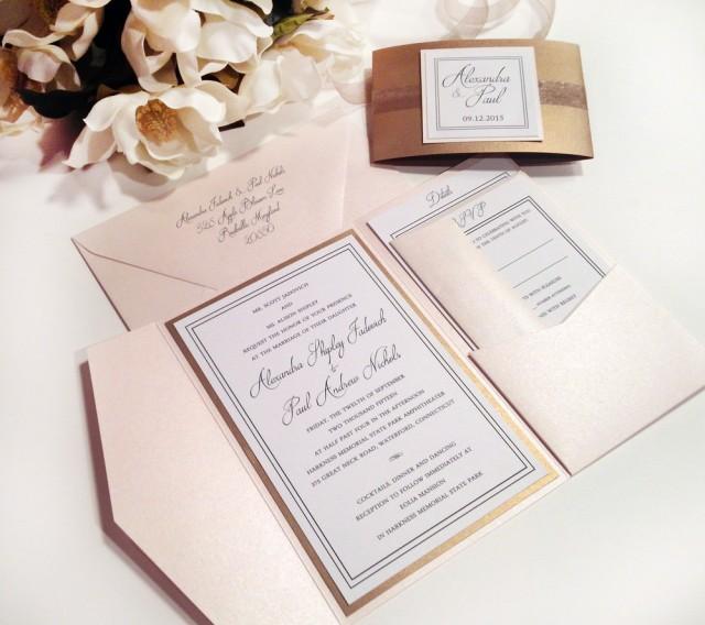 Elegance BLUSH And ANTIQUE GOLD Pocket Folder Style Wedding Invitation