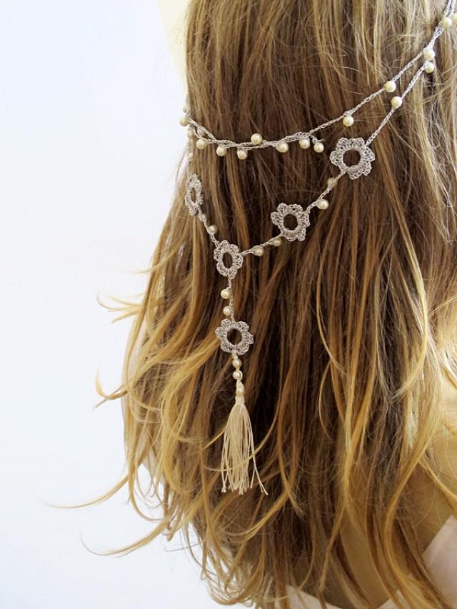Crochet Headband And Necklace Hairband Wedding Pearl Tassel Hair