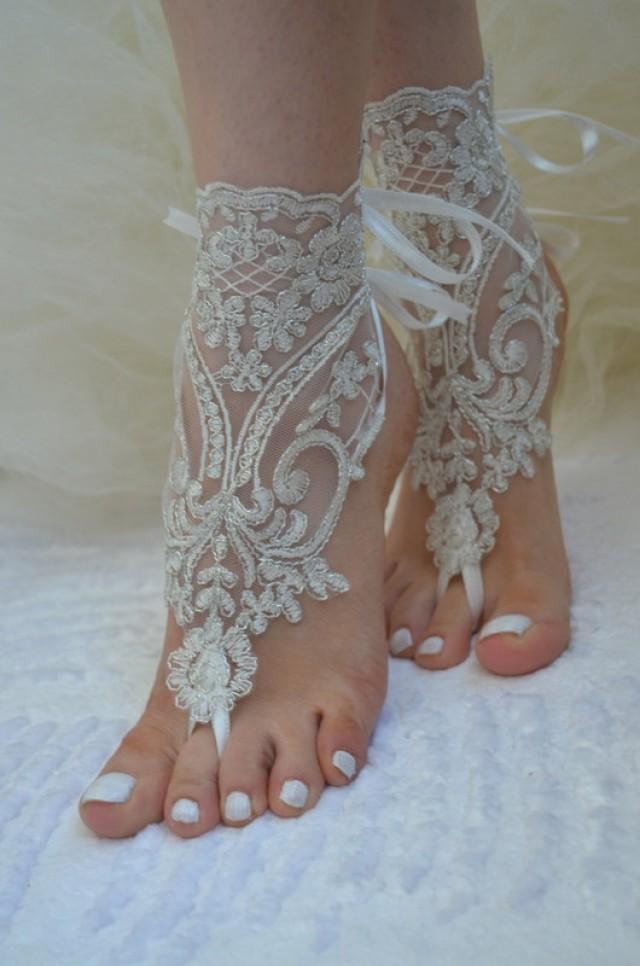 Barefoot Sandals Ivory Beach Shoes Bridal Sandals Wedding Bridal Silver Frame Lace Sandals