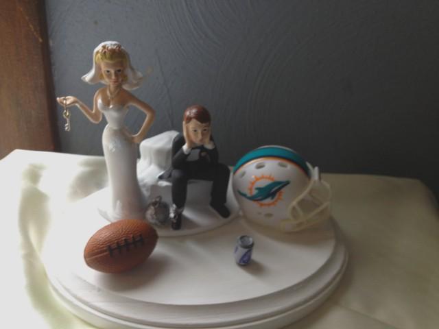 Wedding Cake Topper Miami Dolphins Themed Football Sports Bride Groom w/ Garter 