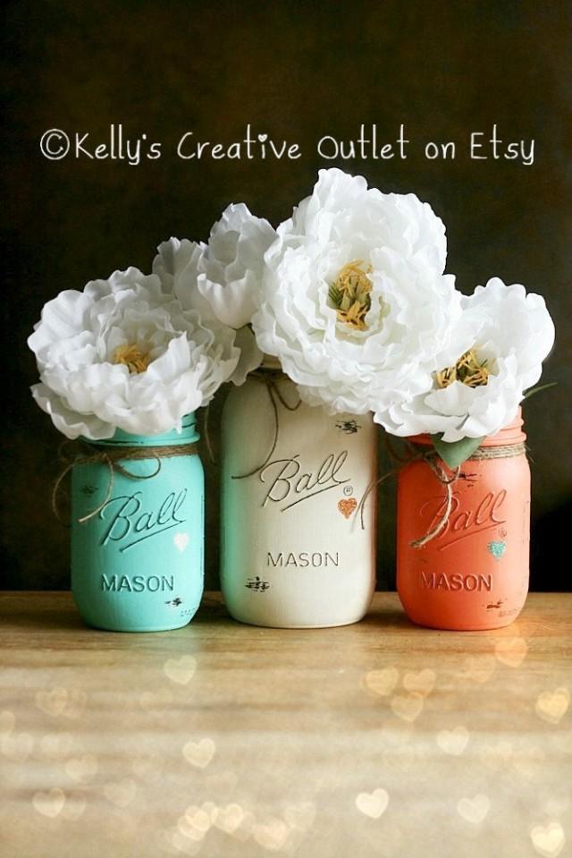 Cream, Coral And Teal Painted Mason Jar Distressed Mason Jars Vase Home Decor Wedding