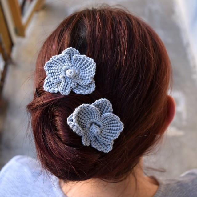 Bridal Flower Hairpins Silver Gray Orchid Flowers Crocheted Soft