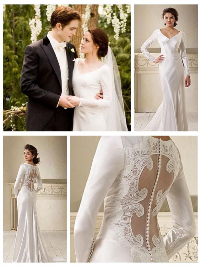 Long Sleeves Button Cut Out Back Lace Embellishments Wedding Dress