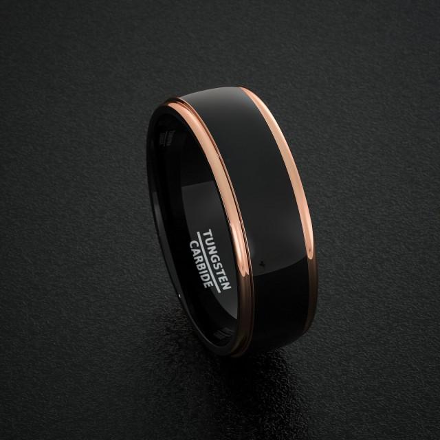 Tungsten Wedding Bands 8mm Mens Ring Two Tone Black Polished With Rose