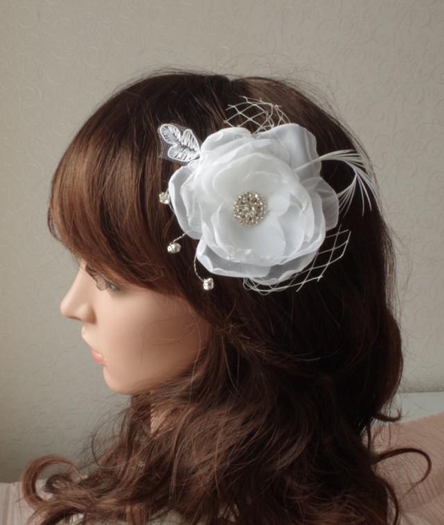 Ivory Bridal Flower Hair Clip Wedding Accessory Crystals Feathers