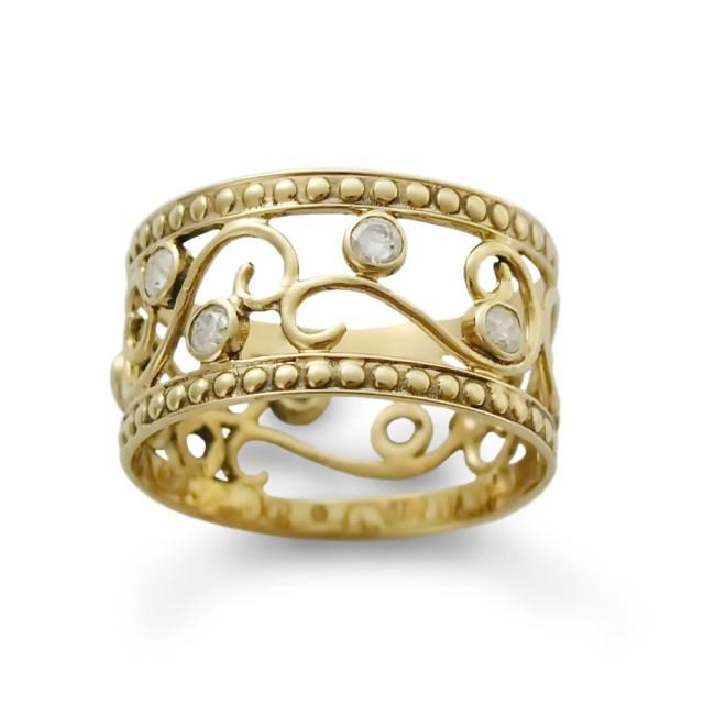 Floral Diamonds Gold Ring, Handmade Delicate Ring, 14k Yellow Gold