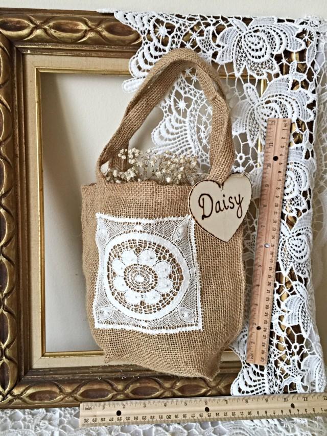 Rustic Flower Girl Basket With Lace Personalized Heart Bag Burlap