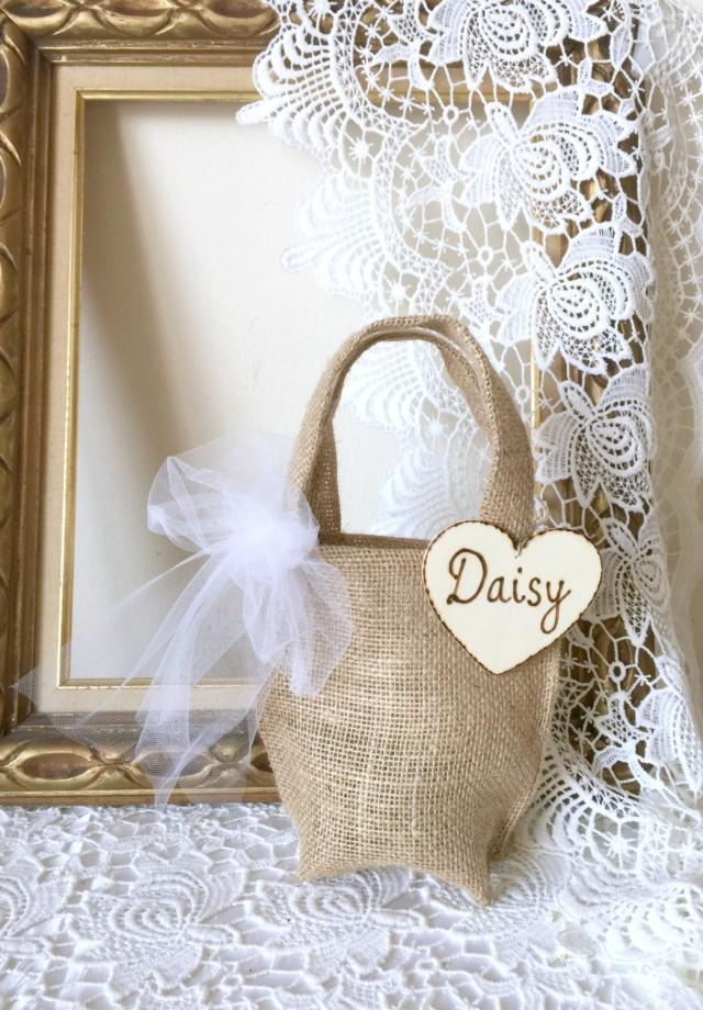 Burlap Flower Girl Bag Personalized Burlap And Tulle With Wood Heart Tag 2452409 Weddbook