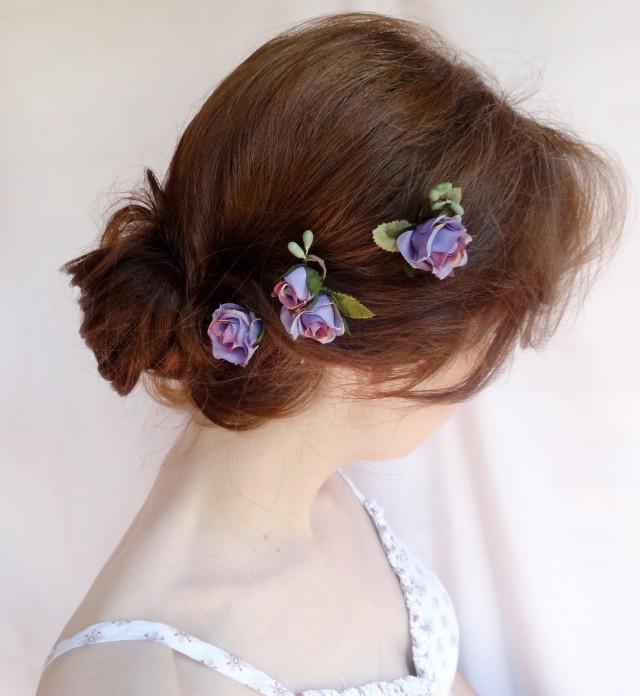 Flower Hair Pins Rosebud Bobby Pins Purple Bridal Hair Accessories 