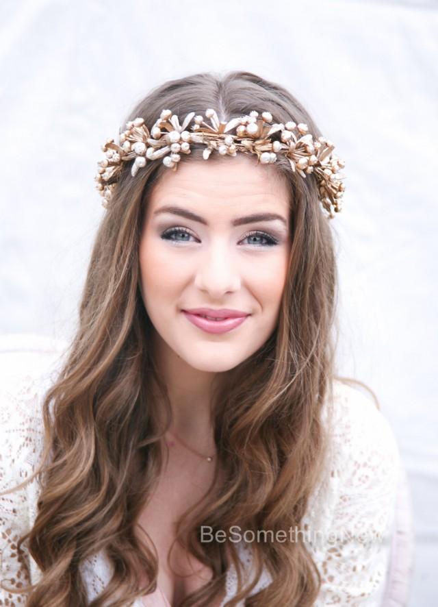 Rustic Gold Bridal Flower Crown Boho Headpiece Of Golden Berries And