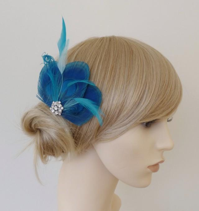 Turquoise Blue Peacock Feather Hair Clip Crystal Fascinator Wedding