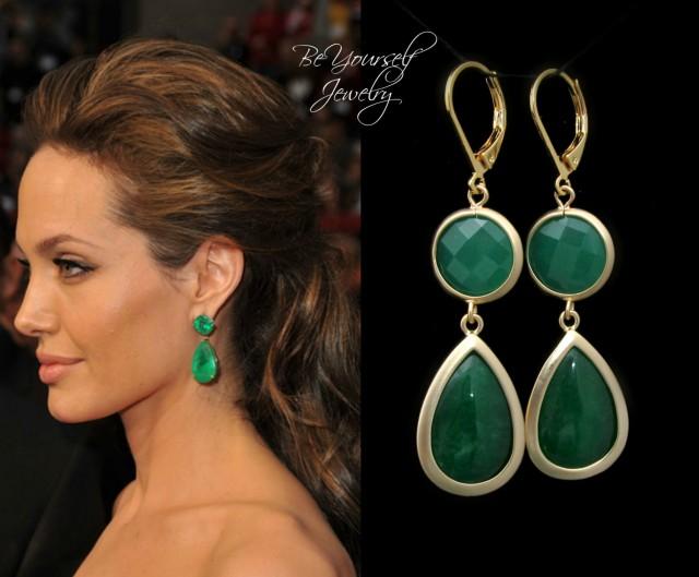 Emerald Green Earrings Angelina Jolie Earrings Gold Dark Green Teardrop