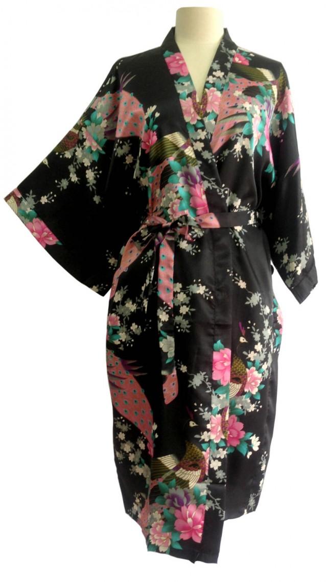 On Sale Kimono Robes Bridesmaids Silk Satin Black Colour Paint Peacock