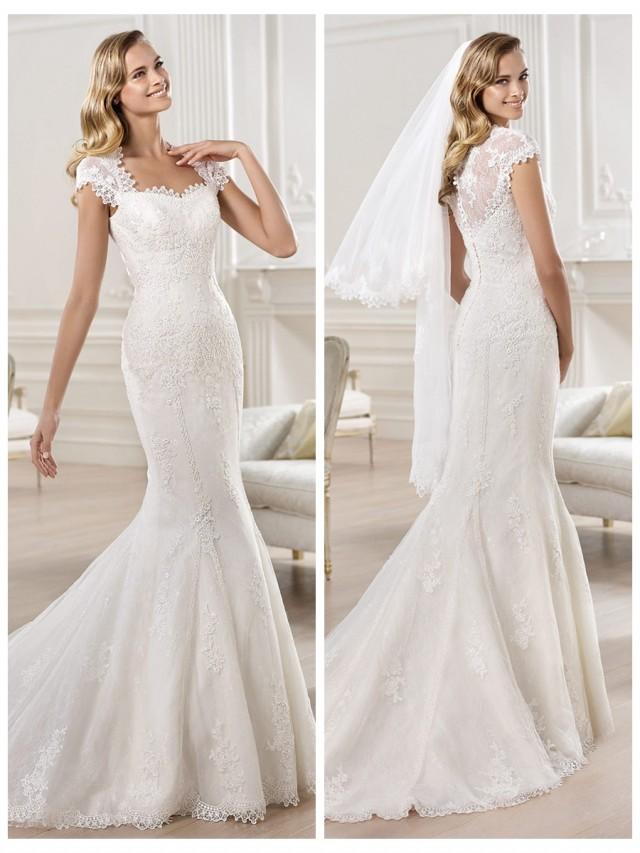 Cap Sleeves Straight Straps Neckline Mermaid Wedding Dress Featuring Applique Crystal 2454306 7012