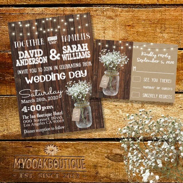 Country Wedding Invitation Rustic Chic Mason Jar Wood Floral Bouquet