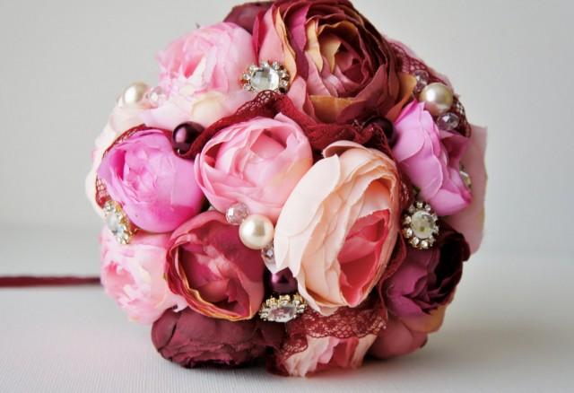 Bridal Bouquet Brooch Bouquet Pink And Bordeaux Ranunculus Silk Wedding Flowers Rhinestone