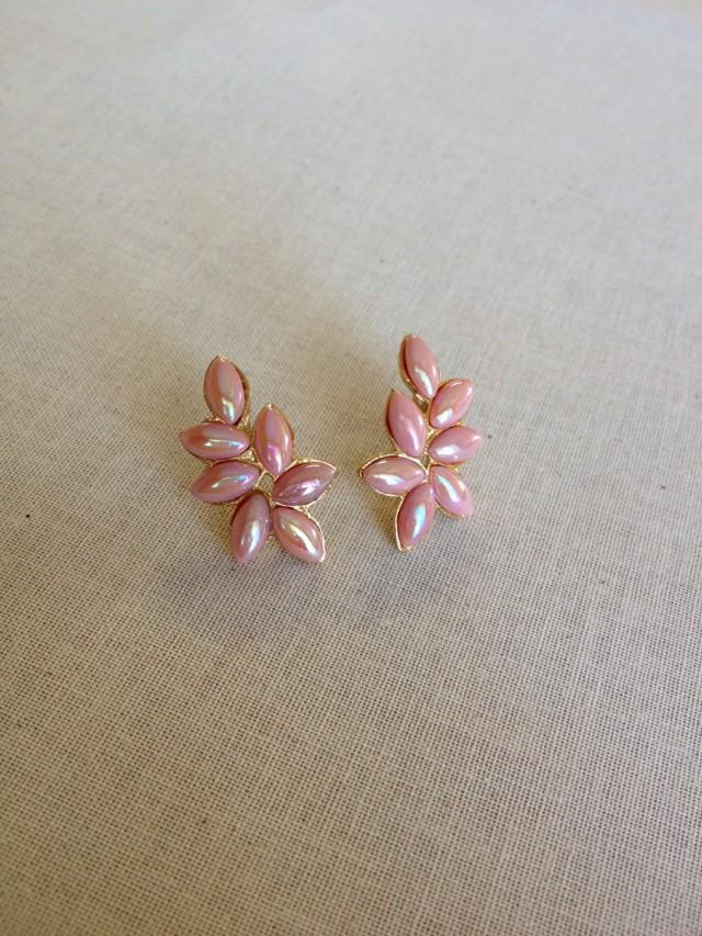 Soft Pink Pearl Leaf Earrings, Blush, Gold, Pearl Cluster, Jewelry
