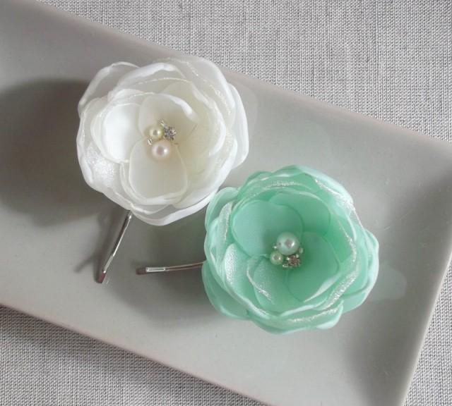 Ivory Mint Green Small Fabric Flowers In Handmade Bridal Bridesmaids