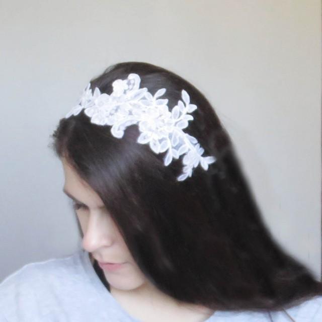 White Beaded Lace Headband/ Wedding Headband/ Bridal Hair Accessories