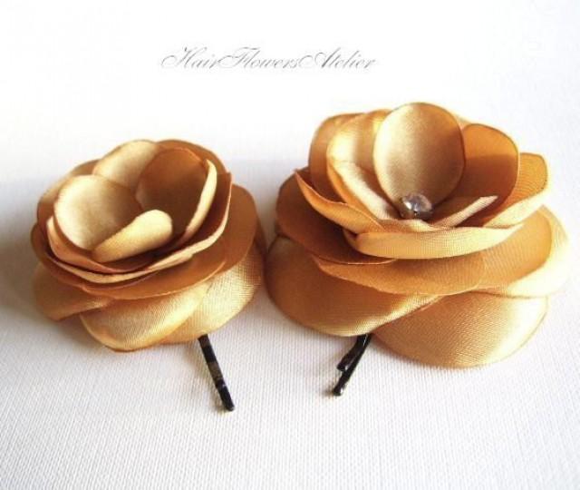 Gold Hair Flowers Gold Hair Clips Golden Bridal Hair Clips Rhinestones Gold Head Piece Gold