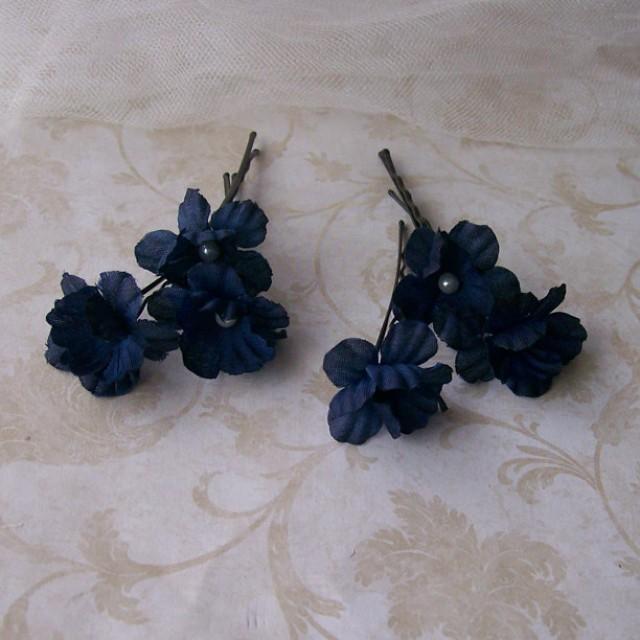 Navy Blue Flower Hair Pins Small Dark Blue Flower Bobby Pins